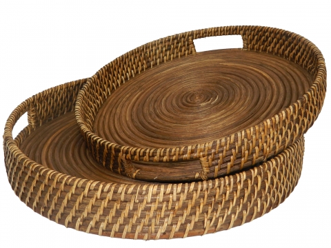 Round rattan serving tray, set of 2 pcs